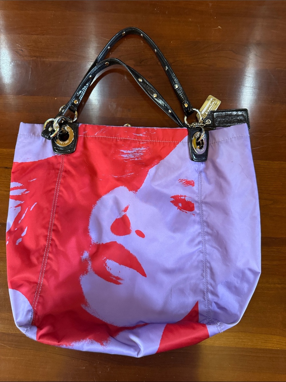 Coach Poppy Tote Bag Red and Lavender Graphic Nylon with Black Handles